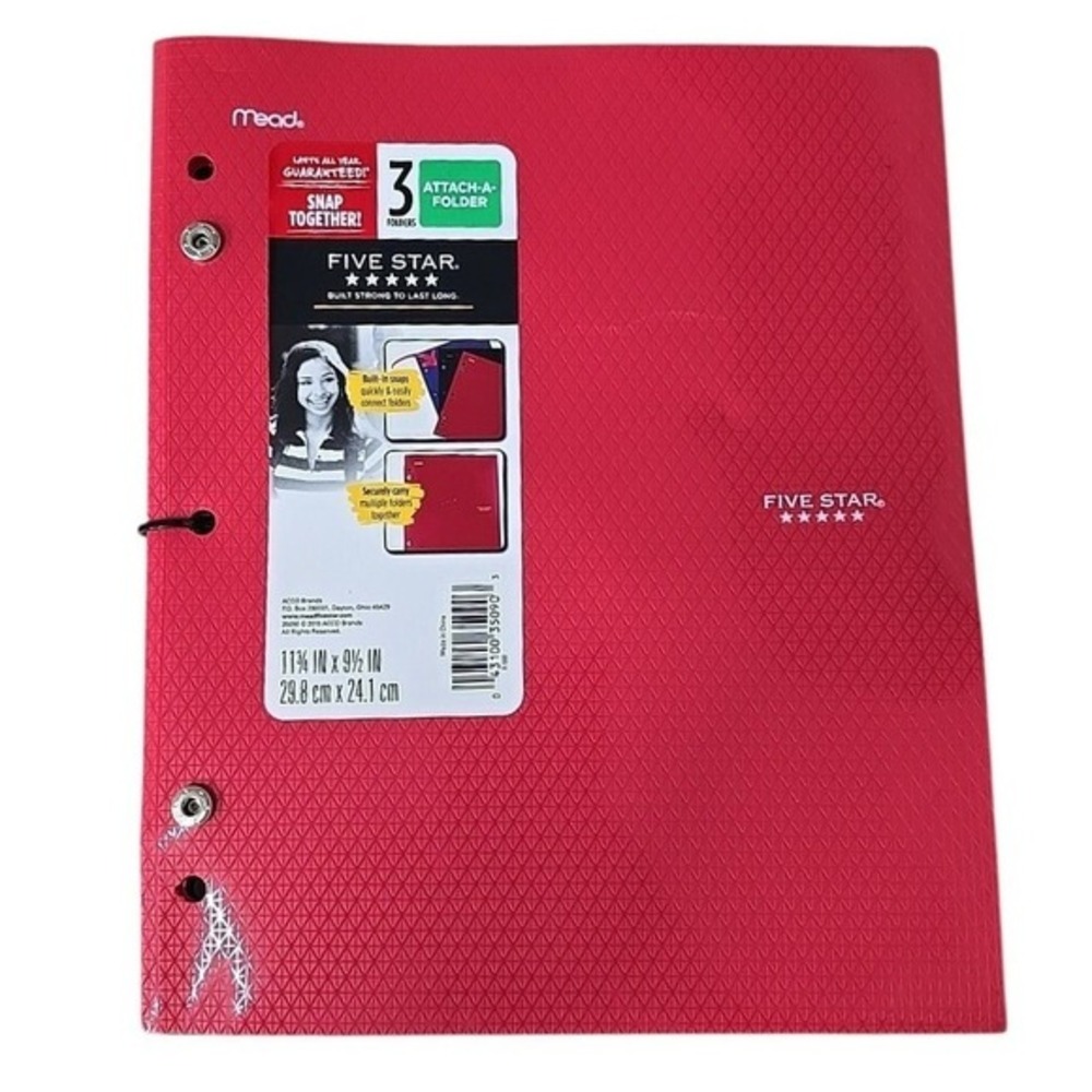 Mead Five‎ Star School 3-Folder Attach A Folder Snap Together Red Binder New